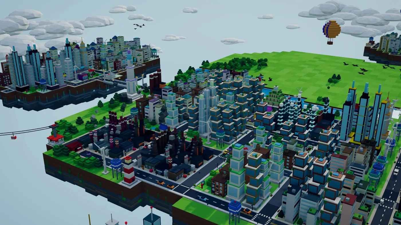 A voxel city at golden hour, with floating islands joined by bridges